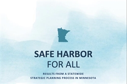 [ai] A soft watercolor background features the outline of Minnesota and text that reads: 'SAFE HARBOR FOR ALL' with a subtitle stating 'RESULTS FROM A STATEWIDE STRATEGIC PLANNING PROCESS IN MINNESOTA.'